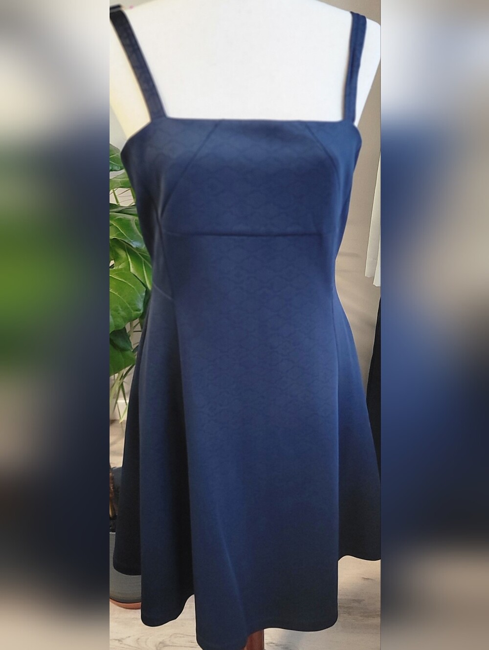Sharagano Navy Blue Jacquard Fit & Flare Dress - Size 6 - Adjustable Straps